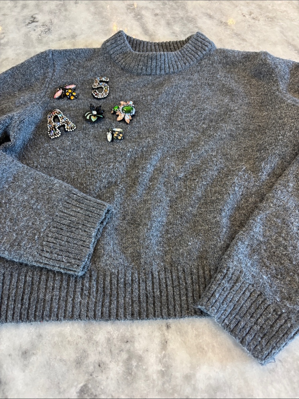 Zara Gray Crewneck Sweater with Decorative Brooches